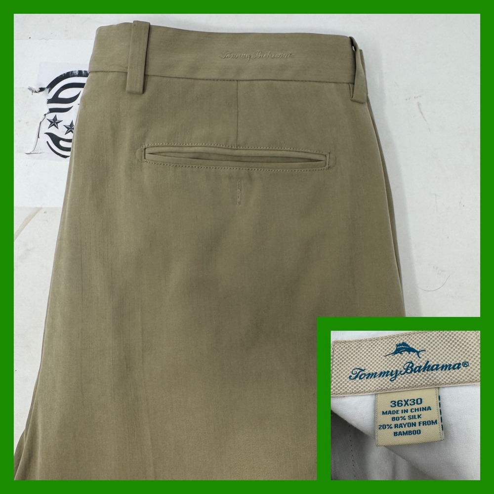 Tommy Bahama Pleated Pants Mens 36x30 Khaki Silk Bamboo Herringbone Trousers